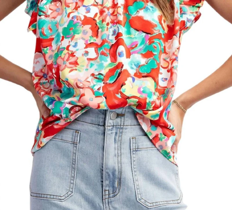 Floral Printed Mock Neck Top In Tomato Chic Outfits