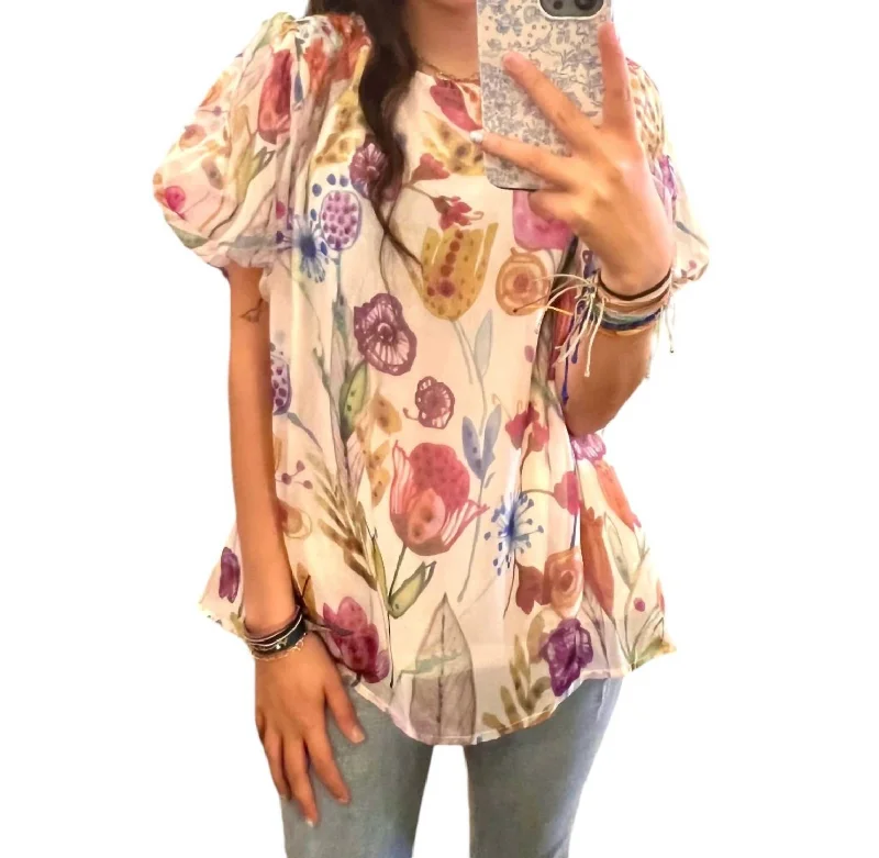 Floral Puff Sleeve Top In Cream Trend Setting Threads