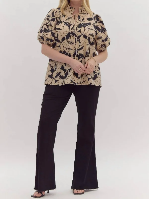 Floral Puff Sleeve Top In Taupe Art Deco Geometric Pattern Look