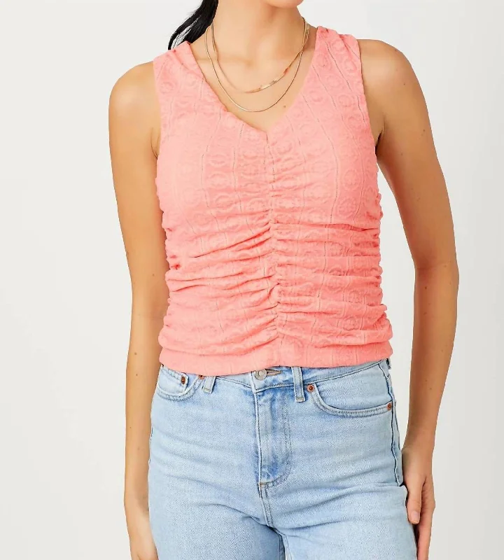 Floral Ruched Tank Top In Coral Low Price Special