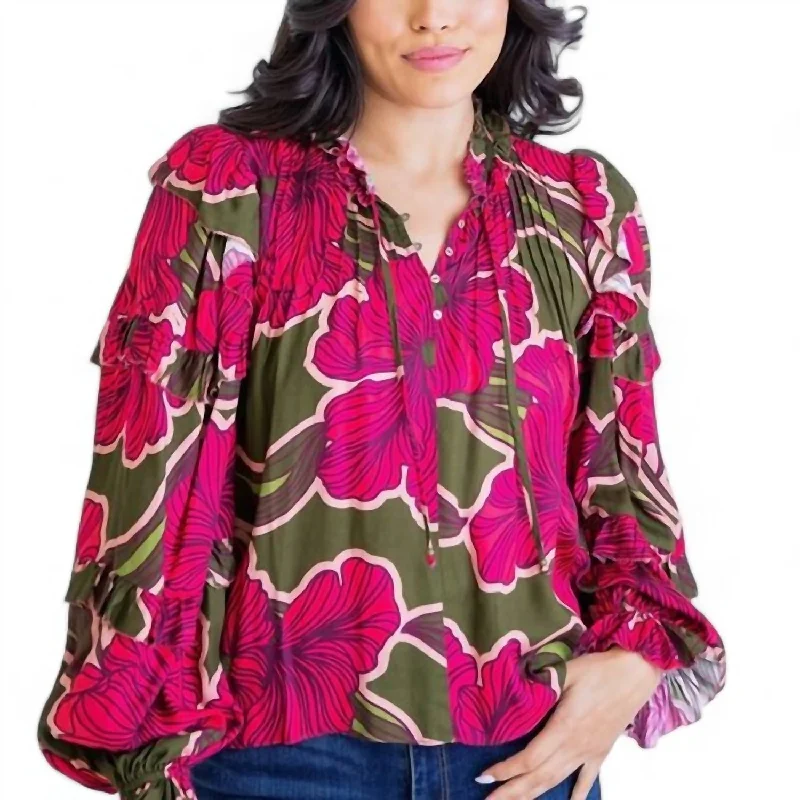 Floral Ruffle Sleeve Top In Pink/green Urban Femme Streetwear