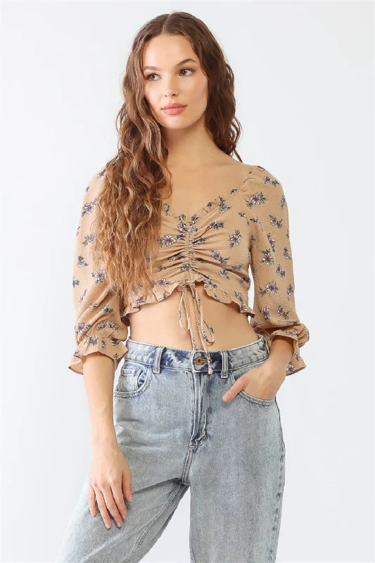 Floral Ruffle Smocked Back Ruched Crop Top Fashion Sale