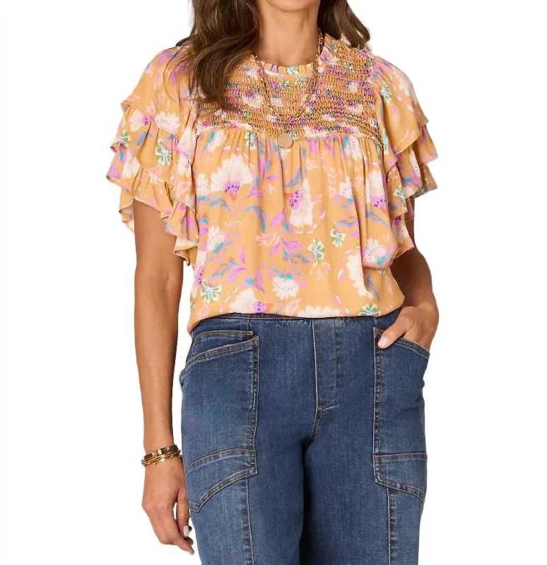 Floral Ruffle Top In Biscotti End Of Season Sale