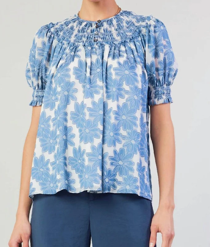 Floral Smocked Neck Blouse In Blue Nordic Minimalist Home Look