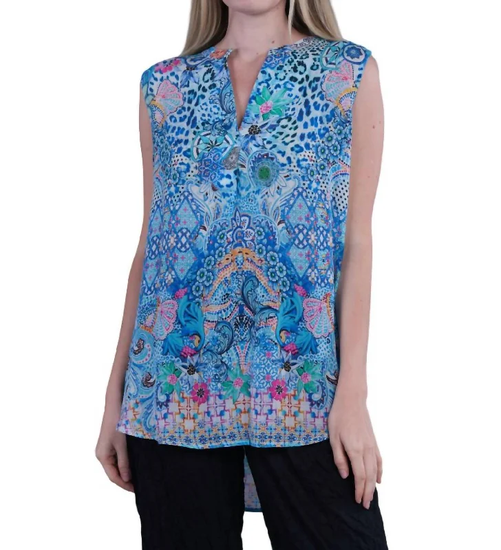 Floral Split Neck Tank Blouse In Blue Feminine Elegance