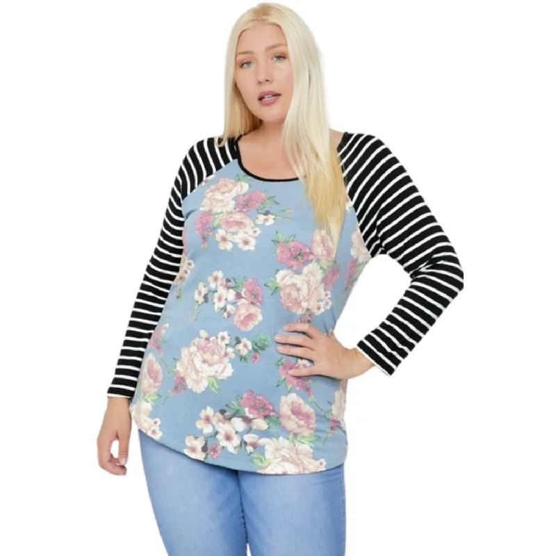 Floral Top Featuring Raglan Style Striped Sleeves And A Round Neck Pastel Styles