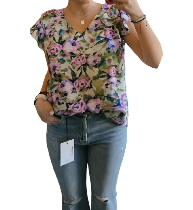 Floral V Neck Top In Lilac End Of Season Sale