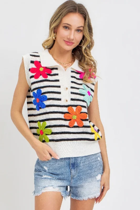 Flower Patch Stripe Knit Top Fashion Forward Femme