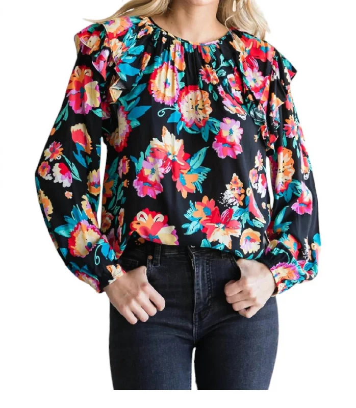 Flower Print Top In Black Floral Designer Wear On Sale