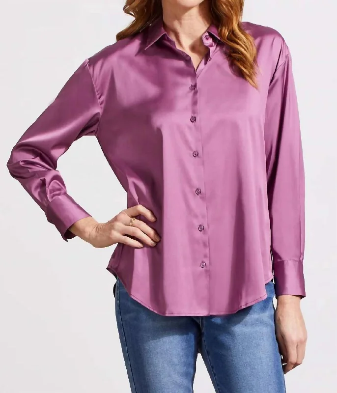 Flowy Satin Button Up Shirt In Grape Refined Simplicity