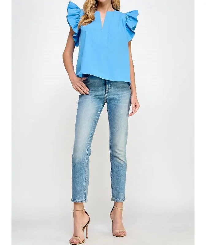 Flutter Ruffle Sleeve Poplin Top In Azure Blue Trending Items