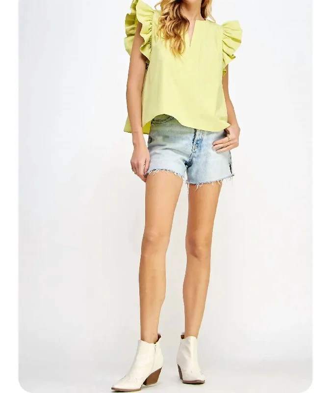 Flutter Ruffle Sleeve Poplin Top In Lime Sherbet Season Transition Versatile Wear Clearance