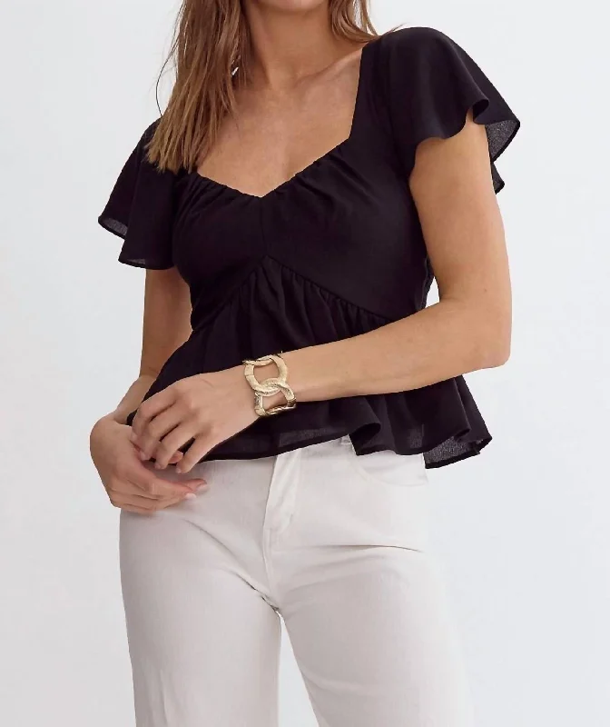 Flutter Sleeve Peplum Top In Black Vintage Elegance