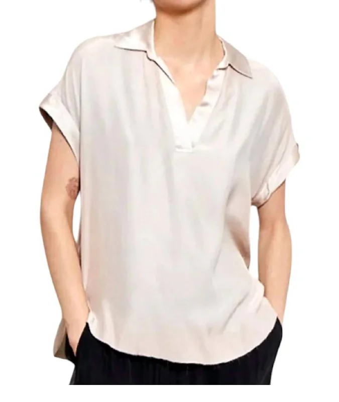 Folded Cuffs Polo Top In White Trendy Fashion Sale