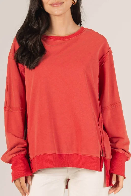 French Terry Long Sleeve Top In Red Essentials On Sale