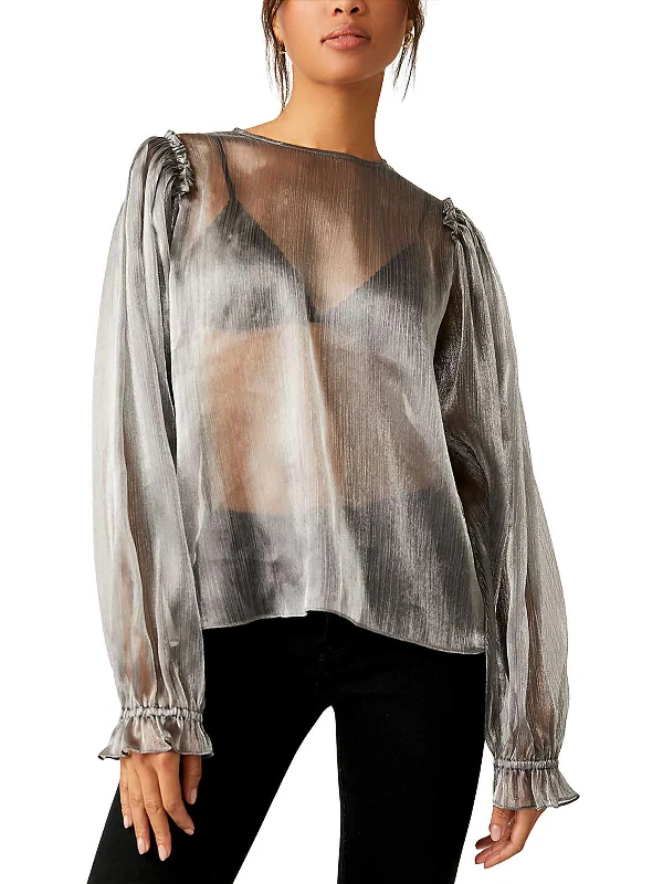 Freya Frost Womens Metallic Sheer Blouse Everyday Glamour