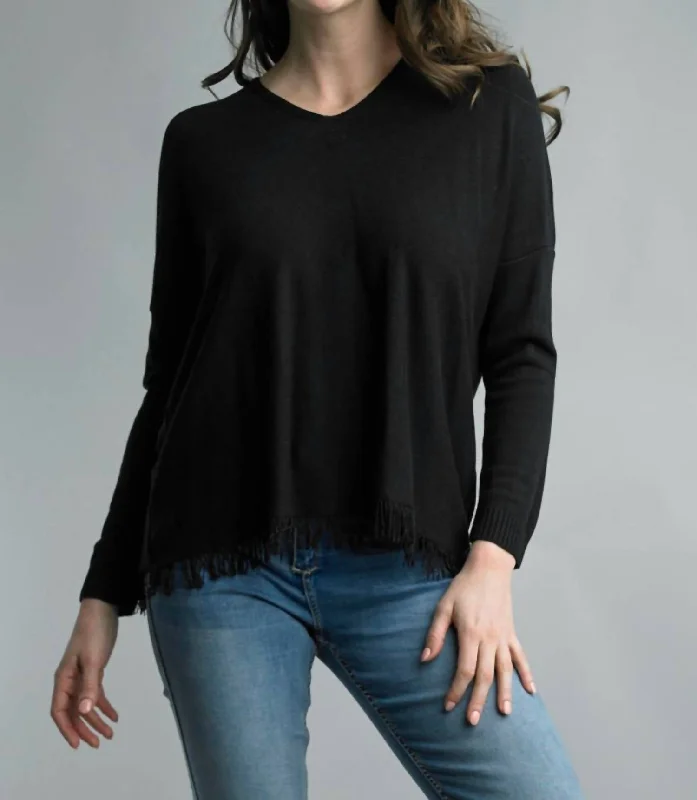 Fringe Vneck Top In Black Final Sale