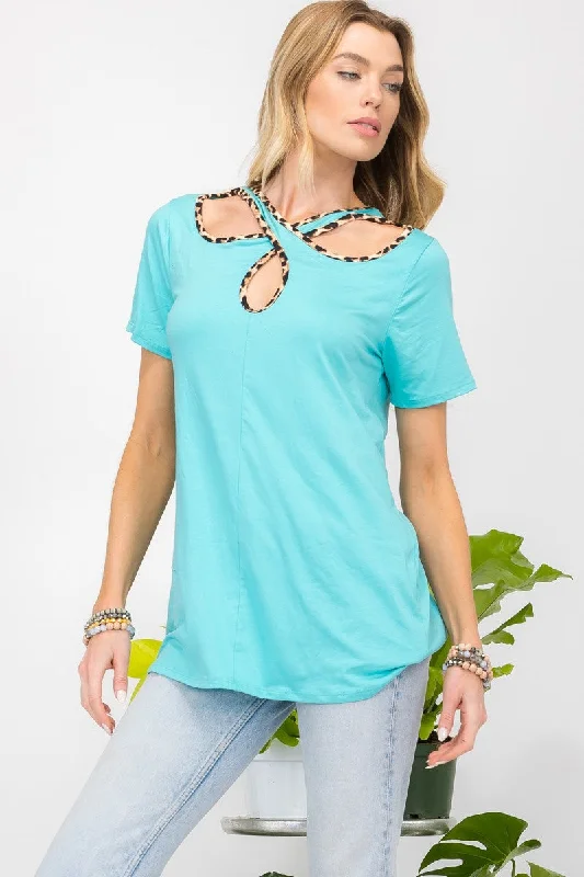 Full Size Crisscross Cutout Leopard Contrast Trim T-Shirt Fashion Sale