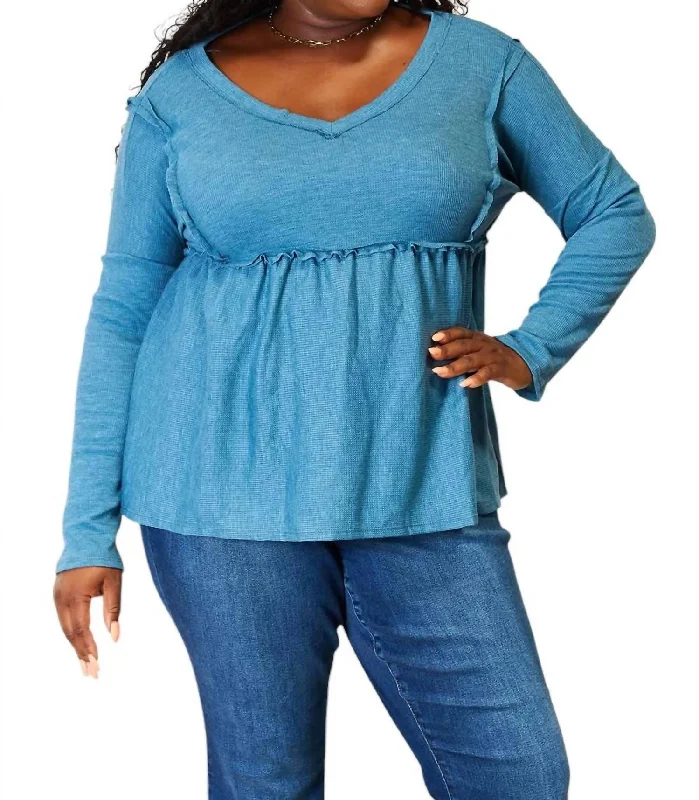 Full Size Frill Trim Babydoll Blouse In Sky Blue Limited Quantities