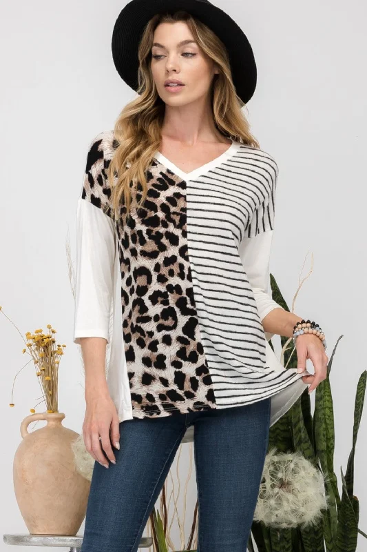 Full Size Front Leopard and Striped Print V-Neck T-Shirt Shop Sales