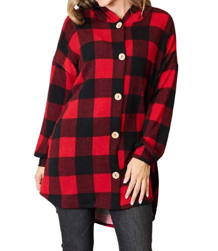 Full Size Plaid Button Front Hooded Shirt In Black/red Modern Glamour