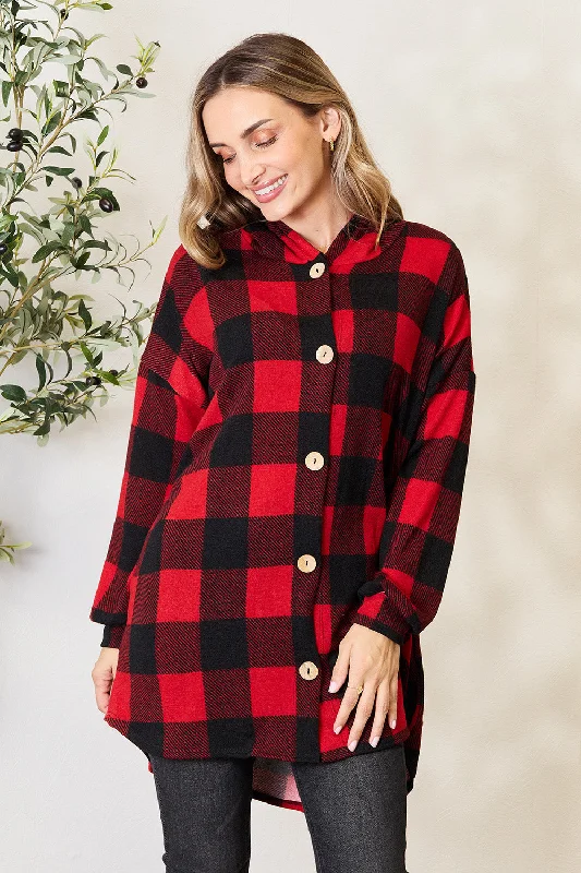 Full Size Plaid Button Front Hooded Shirt Luxury Comfort