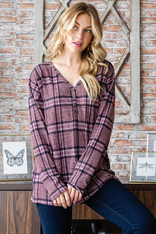 Full Size Plaid V-Neck Long Sleeve Top Score Big On Glamorous Red - Carpet Styles