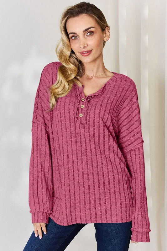 Full Size Ribbed Half Button Long Sleeve T-Shirt Big Discounts