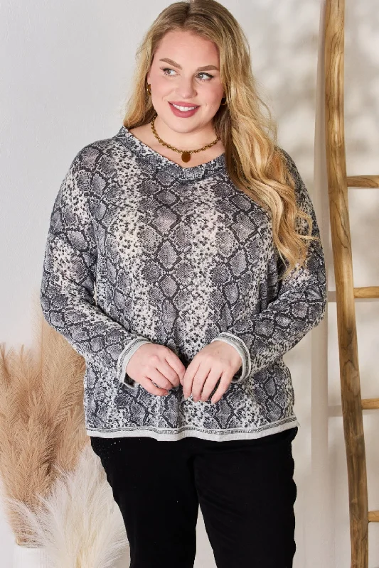 Full Size Snakeskin V-Neck Long Sleeve Top Urban Sophistication