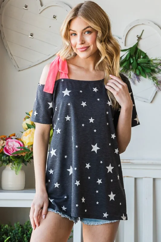 Full Size Star Print Asymmetrical Neck Short Sleeve Top Refined Look