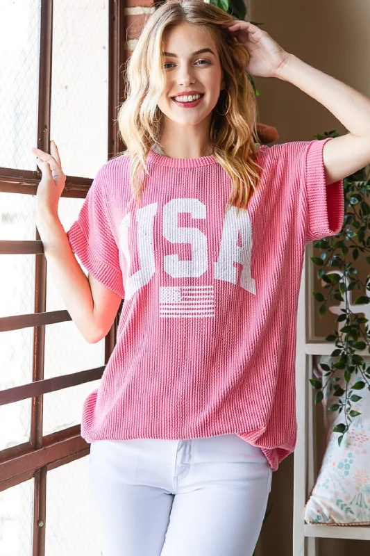 Full Size USA Graphic Short Sleeve Ribbed Top Ethnic Cultural Event Wear