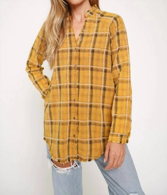 Gabby Raw Edge Plaid Shirt In Yellow Feminine Elegance