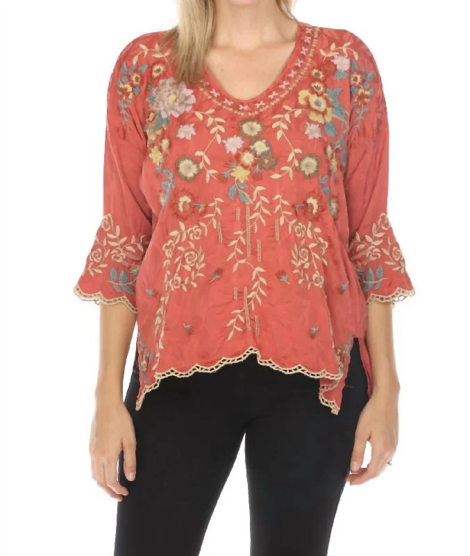 Gabriela Floral Embroidered Blouse In Rosewood Clearance Event