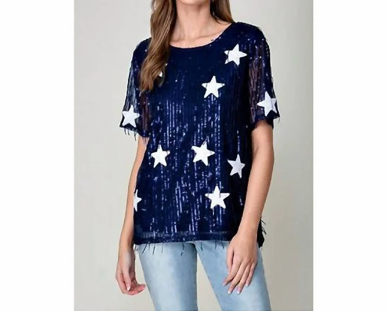 Game Day Star Sequin Fringe Top In Navy Fashion Forward