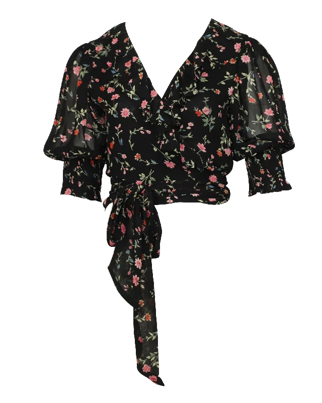 Ganni Floral Chiffon Wrap Blouse in Black Viscose Colorful Clothing