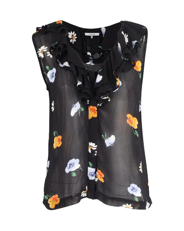 Ganni Floral Sleeveless Blouse in Black Viscose Budget Friendly