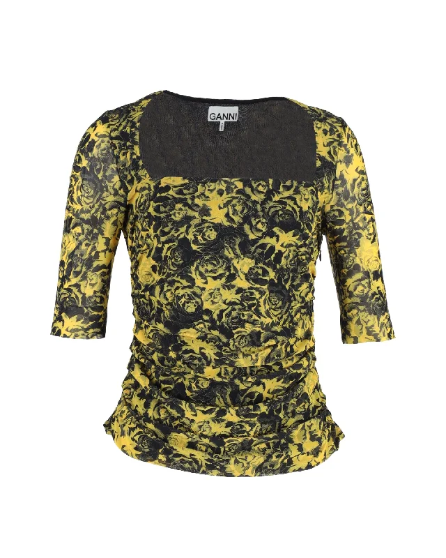 Ganni Printed Mesh Blouse in Yellow Polyamide Budget Friendly Fashion