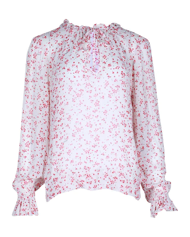 Ganni Ruffled Floral-Print Blouse in White Viscose Versatile Wardrobe Essentials