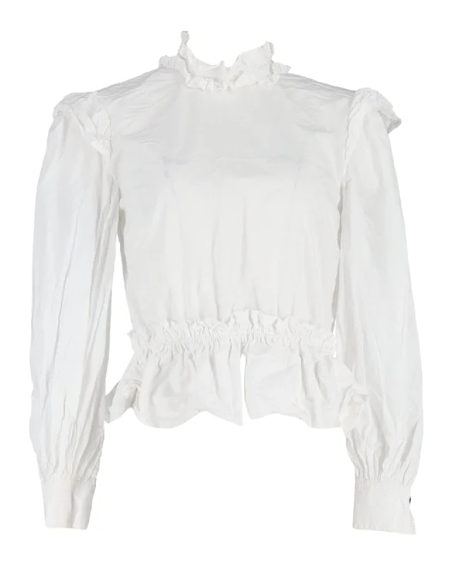 Ganni Ruffled Mock-Neck Blouse in White Cotton Rustic Countryside Charm Look