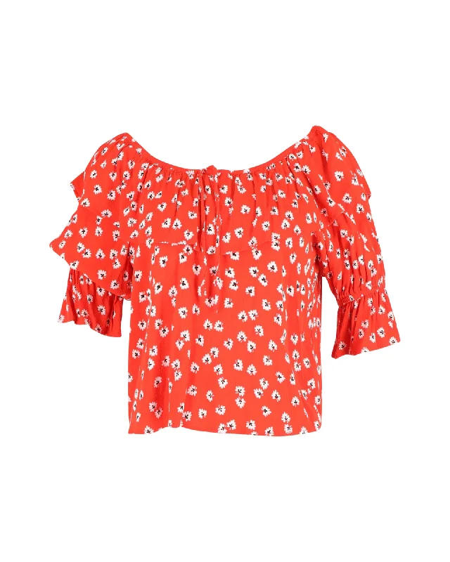 Ganni Silvery Floral Off-Shoulder Top in Red Viscose Romantic Detailing