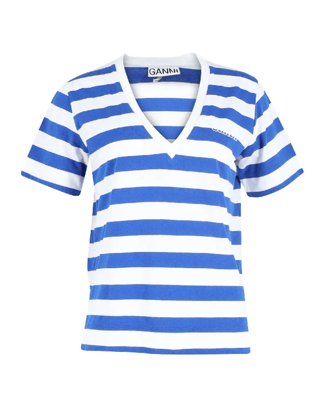 Ganni Striped V-neck T-shirt in Blue and White Cotton Flash Sale Fever