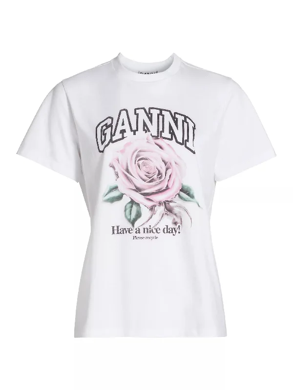 Ganni Women's Rose Print Tee, Bright White Trend Setting Threads