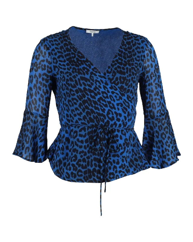 Ganni Wrap Blouse in Blue Animal Print Viscose Trendy Styles