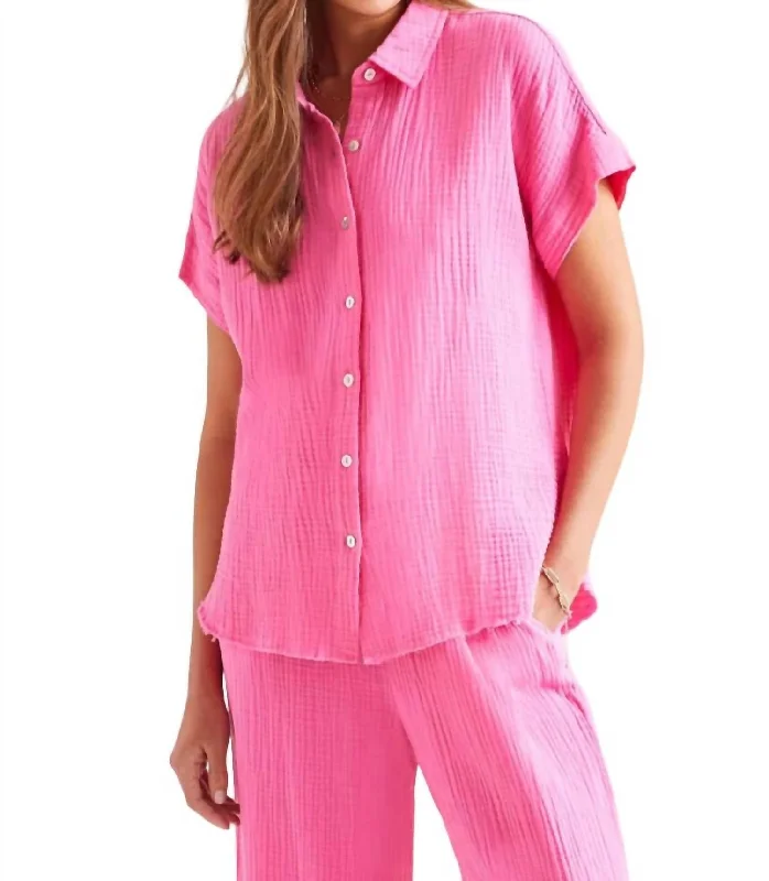 Gauze Button-Up Shirt In Hot Pink Limited Stock