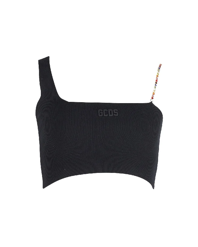 GCDS Crystal Chain Strap Ribbed Crop Top in Black Cotton Luxury Comfort