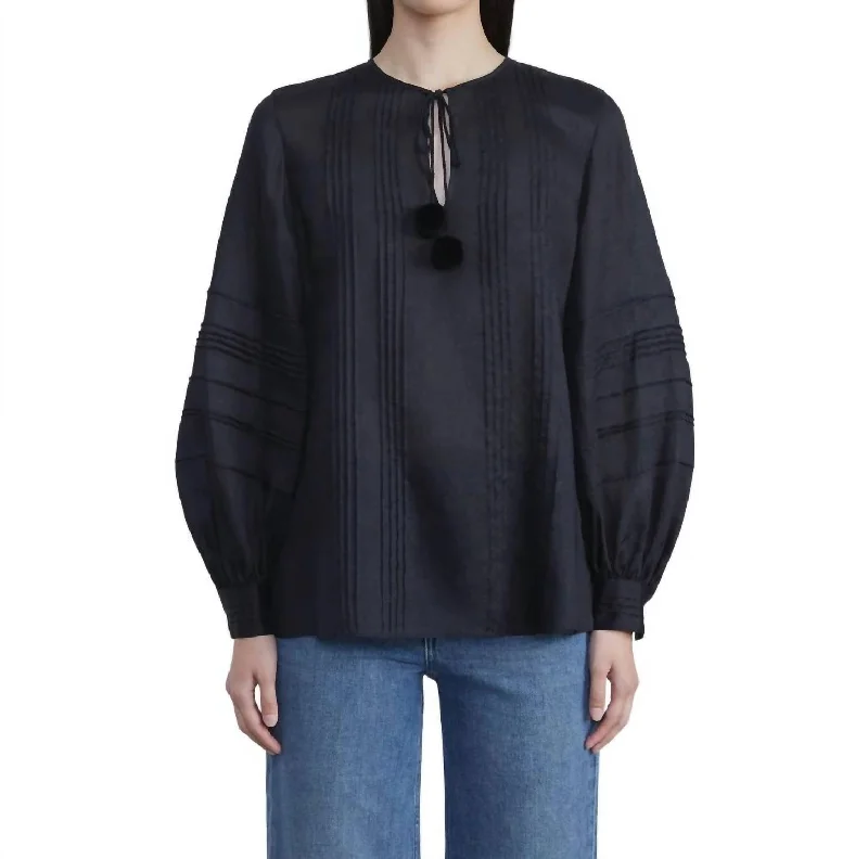 Gemma Cloth Pom-Tie Pintuck Blouse In Navy Elegant Attire For The Modern Lady