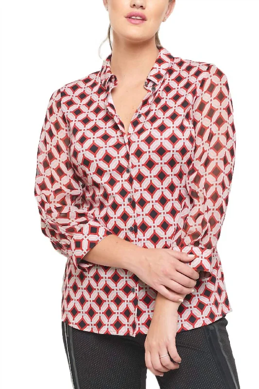 Geometric Pia 3/4 Blouse In Red/black Flash Sales