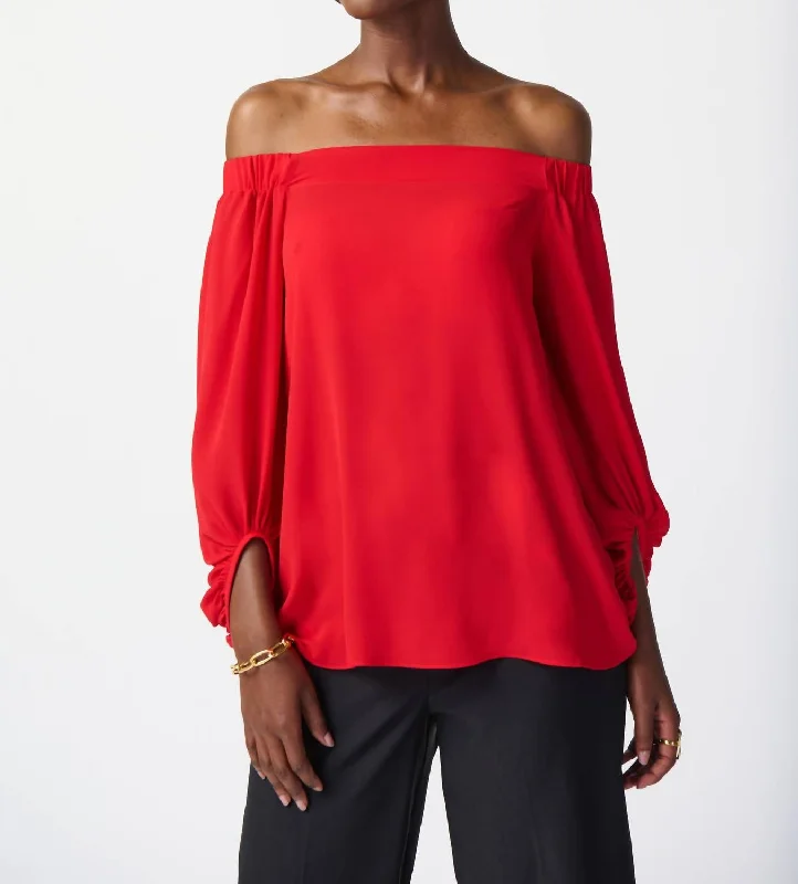 Georgette Off-Shoulder Flared Top In Radient Red Lightweight Fabric