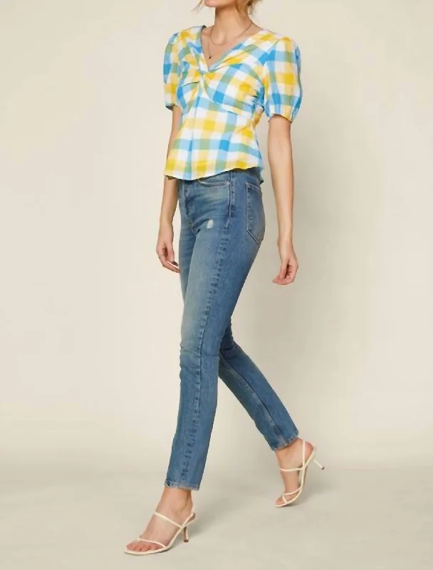 Gingham Peplum Blouse In Yellow, Blue And White Romantic Detailing