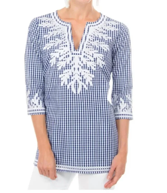 Gingham Reef Blouse In Navy Weekend Special